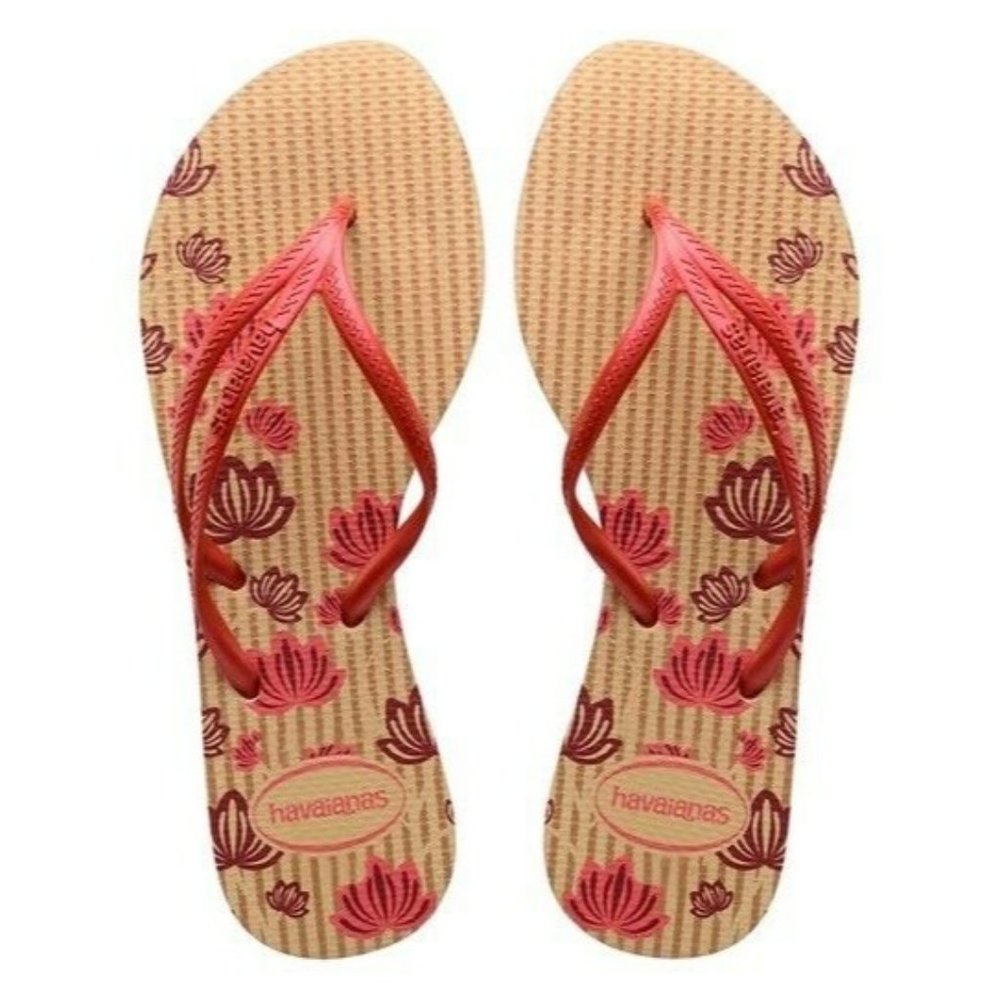 Havaianas Ivory Tria Flip Flop  Women sz 6 tan red thin strap